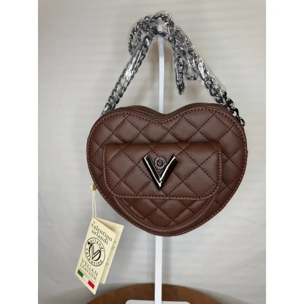 Valentino Orlandi Heart Crossbody MSRP $139 NWT Brown Quilted Vegan Leather